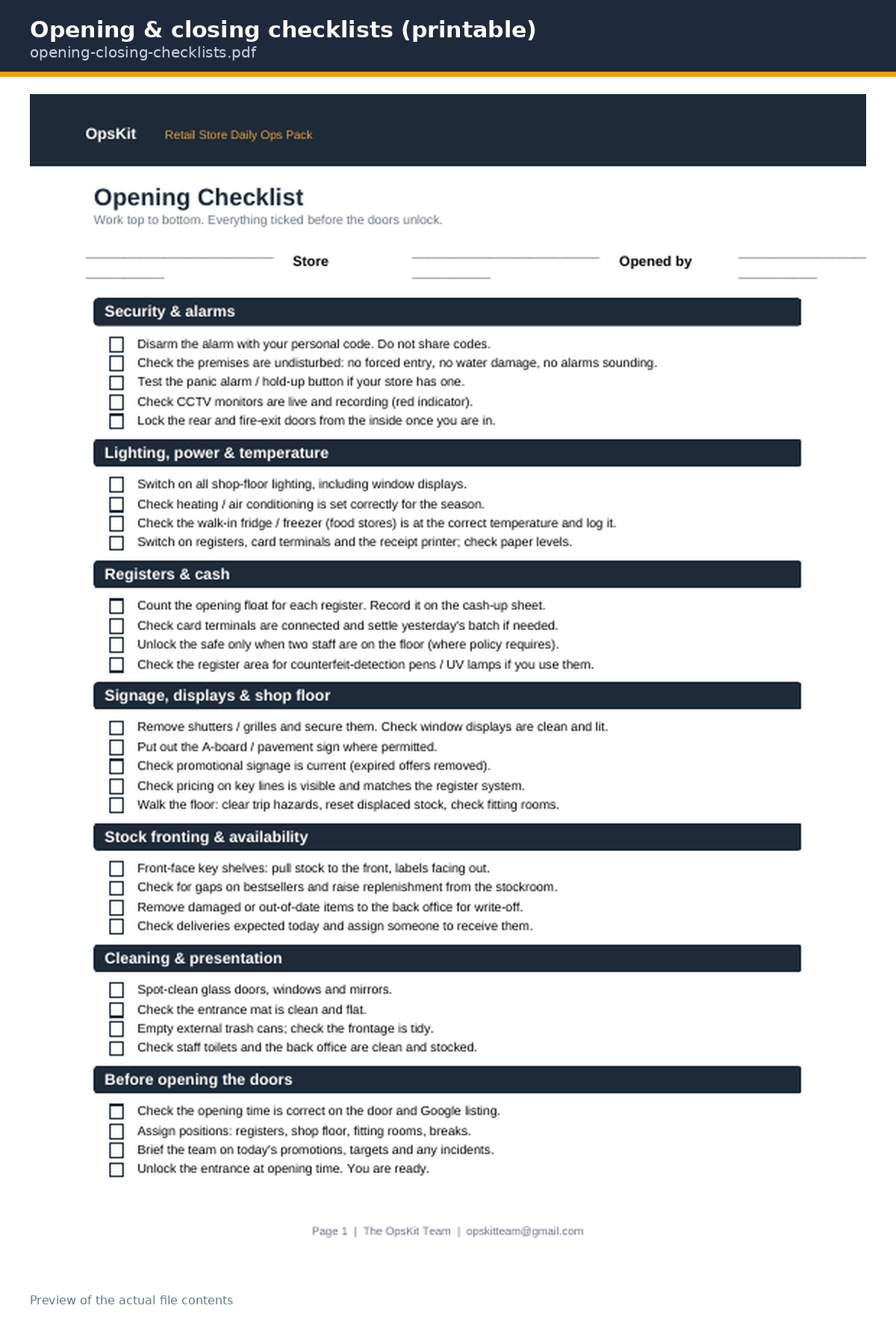 Opening and closing checklists preview
