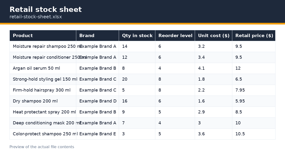 Retail stock sheet preview