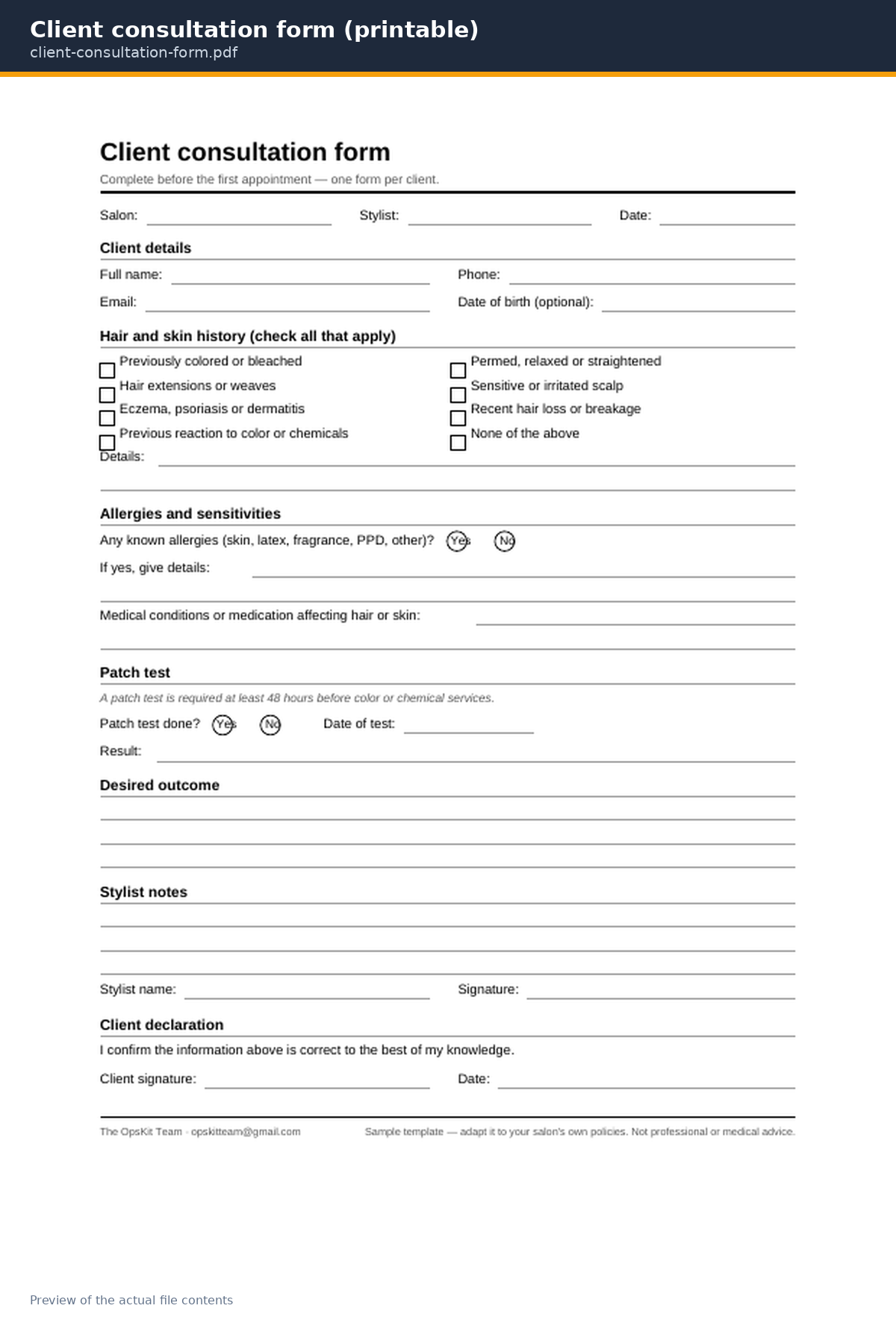 Client consultation form preview